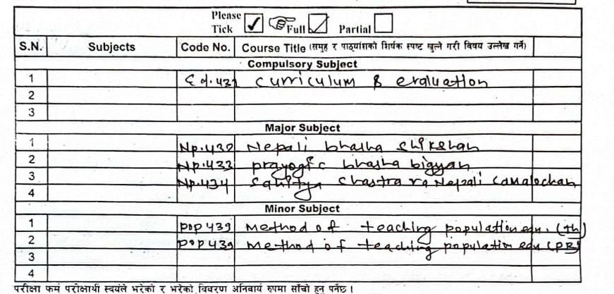 BBS third year exam form subject code
